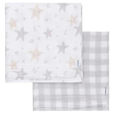 Two muslin blankets from Gerber Bedding, one featuring a celestial star pattern and the other in a gray check design.