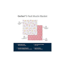 Gerber 2-pack muslin blankets featuring a flamingo design and a pink geometric pattern, made from 100% cotton.