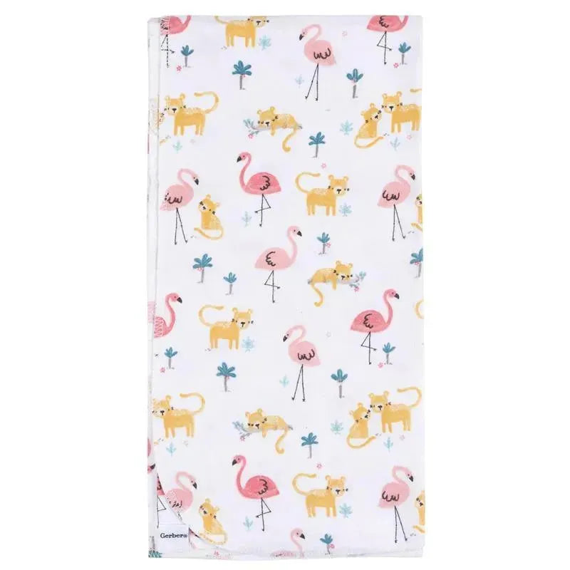 Gerber Bedding four-pack flannel sheets featuring colorful flamingo and lion illustrations on a white background.