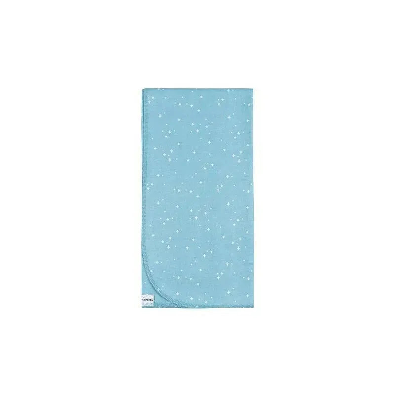 Gerber Bedding - 4Pk Flannels in Flamingo design features a light blue blanket with white star patterns.