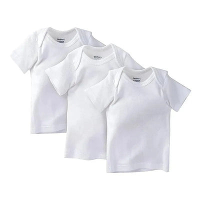 Three white short-sleeve shirts from Gerber, featuring a ribbed crew neck and soft fabric, in a 3-pack.