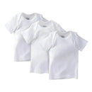 Three white short-sleeve shirts from Gerber, featuring a ribbed crew neck and soft fabric, in a 3-pack.