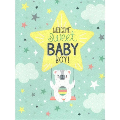 Welcome sweet baby boy greeting card featuring a bear on a swing under a bright star, surrounded by colorful stars and clouds.