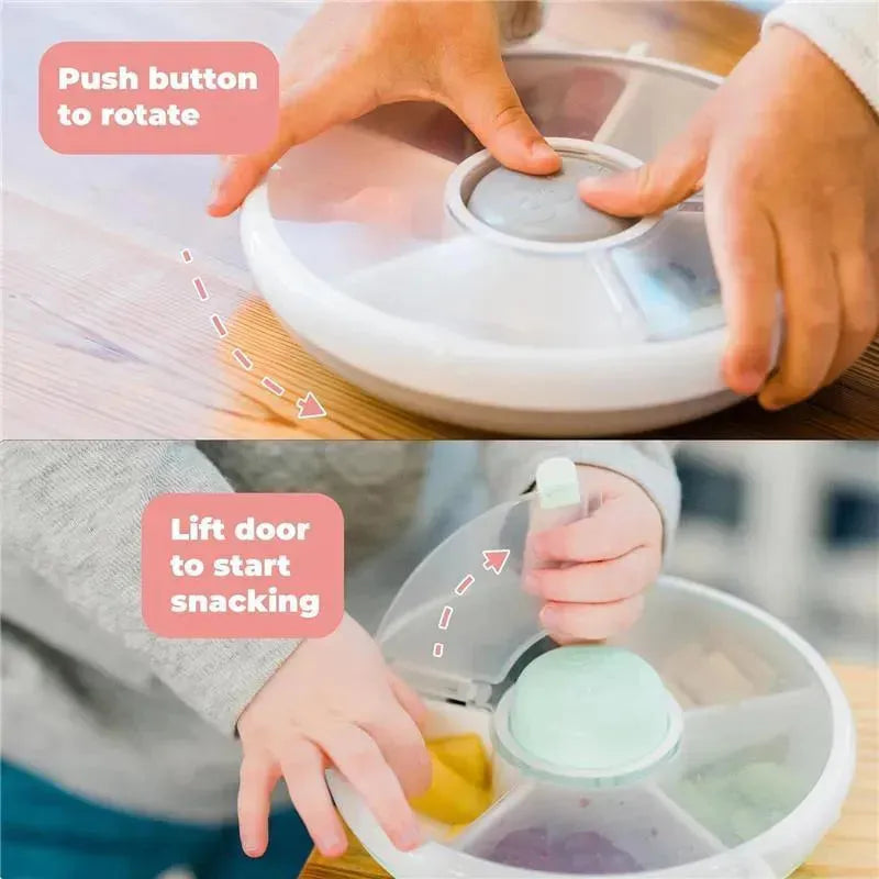 GoBe Kids Original Snack Spinner Bundle in blue, showing hands using the push button to rotate and lift the door to access snacks.