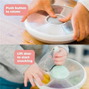 GoBe Kids Original Snack Spinner Bundle in blue, showing hands using the push button to rotate and lift the door to access snacks.