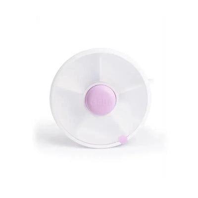 Gobe Kids Small Snack Spinner in Taro Purple, a round travel snack box with a central button and sections for snacks.