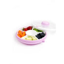 Gobe Kids Small Snack Spinner in Taro Purple, featuring compartments with strawberries, blueberries, carrots, green beans, and apple chunks.