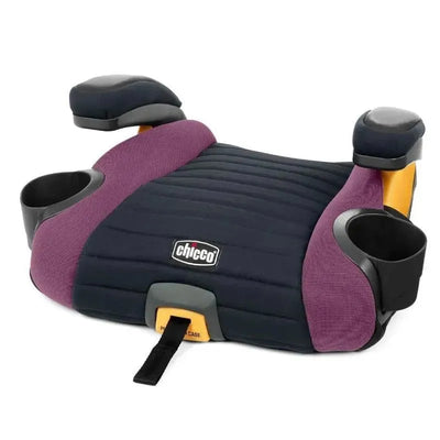 Chicco GoFit Plus Backless Booster Car Seat in Vivaci with a purple and black design, featuring armrests and cup holders.