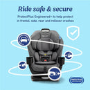 Graco 4Ever DLX 4-in-1 car seat in Maven, featuring safety icons and text emphasizing its ProtectPlus Engineered safety features.