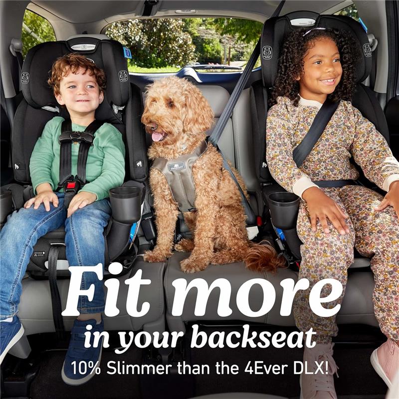Graco 4Ever DLX Slim 4-in-1 car seat with a boy and girl seated in car seats, smiling, with a dog beside them.