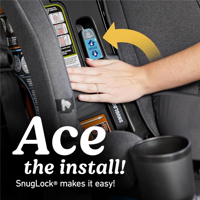 Graco 4Ever DLX Slim 4-in-1 Car Seat with hand pressing the SnugLock lever, promoting easy installation.