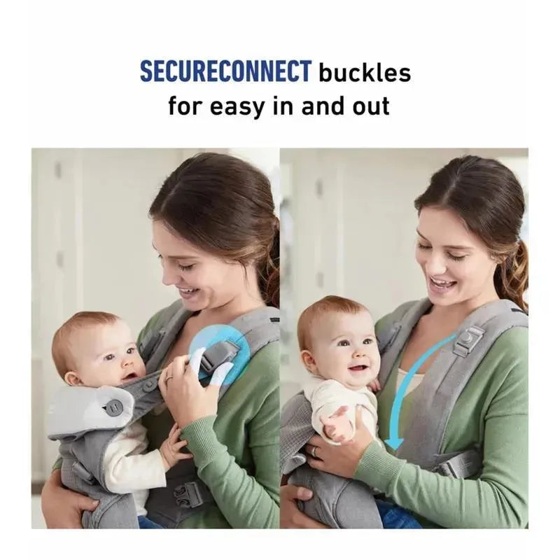 Graco Cradle Me 3-in-1 Baby Carrier in charcoal grey, featuring SecureConnect buckles, with a mother holding a baby.