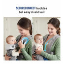 Graco Cradle Me 3-in-1 Baby Carrier in charcoal grey, featuring SecureConnect buckles, with a mother holding a baby.