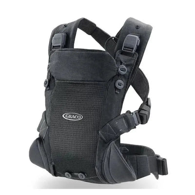 Graco Cradle Me 3-in-1 Baby Carrier in charcoal grey featuring adjustable straps and a breathable mesh design.