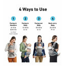Graco Cradle Me 3-in-1 Baby Carrier in Charcoal Grey shows four usage options with weight limits and age guidance.