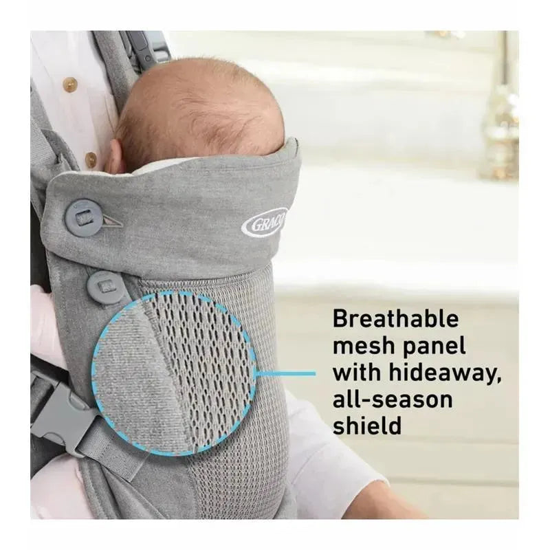 Graco Cradle Me 3-in-1 Baby Carrier in Charcoal Grey, featuring a breathable mesh panel and hideaway all-season shield.