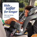 Graco Extend2Fit 3-in-1 Convertible Baby Car Seat in Ashten, featuring a smiling child seated comfortably and safety instructions visible.