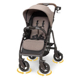 Graco Merge Stroller with brown fabric seat, adjustable canopy, and 360-degree rotating wheels.
