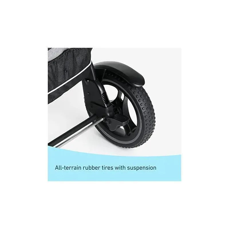 All-terrain rubber tire with suspension, part of the Graco Modes Adventure Stroller Wagon-Teton.