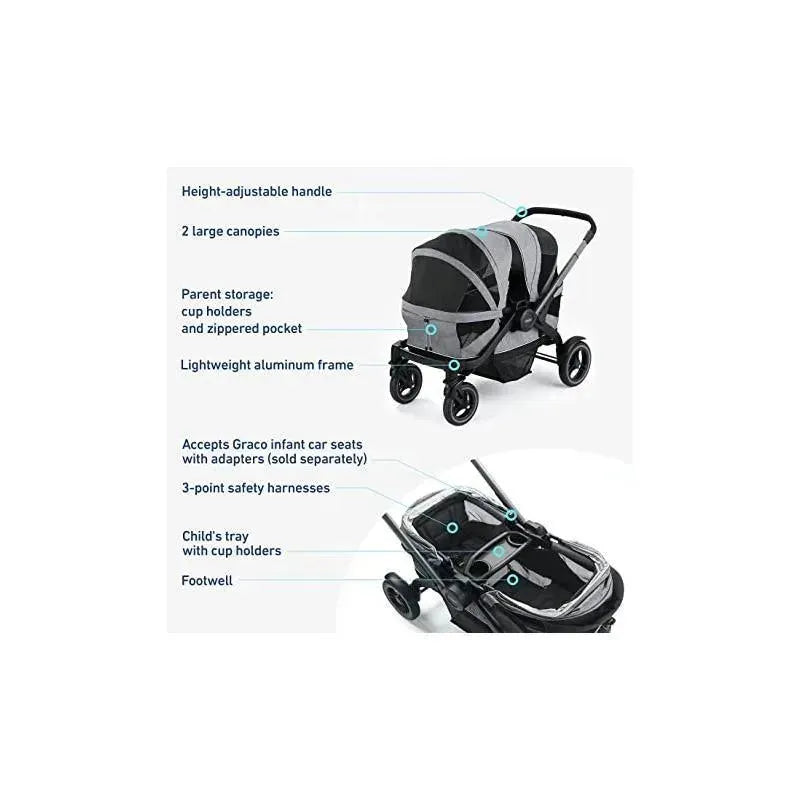 Graco Modes Adventure Stroller Wagon in Teton color features a height-adjustable handle, large canopies, and a lightweight frame.