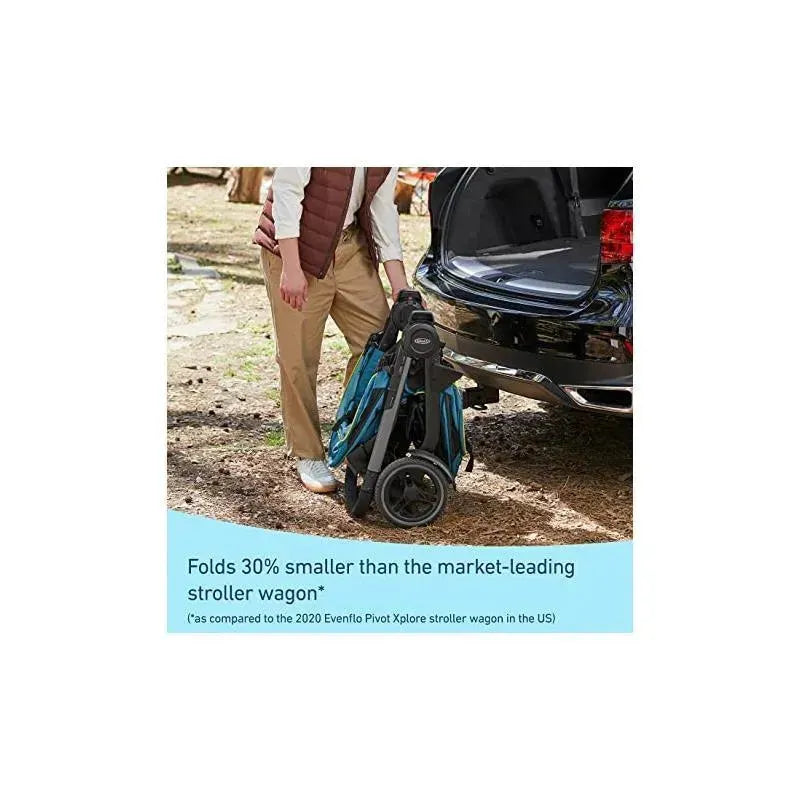 Graco Modes Adventure Stroller Wagon in a folded position by a car, highlighting its compact size and portability.