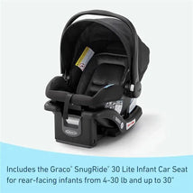 Graco SnugRide 30 Lite Infant Car Seat, rear-facing for infants 4-30 lbs, featuring a black fabric design and safety labels.