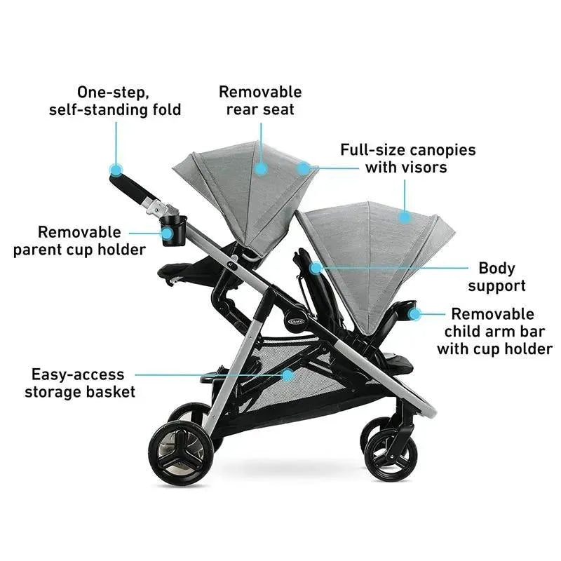Graco Ready2grow Lx 2.0 Double Stroller in Clark, featuring canopies, removable rear seat, cup holders, and easy-access storage basket.