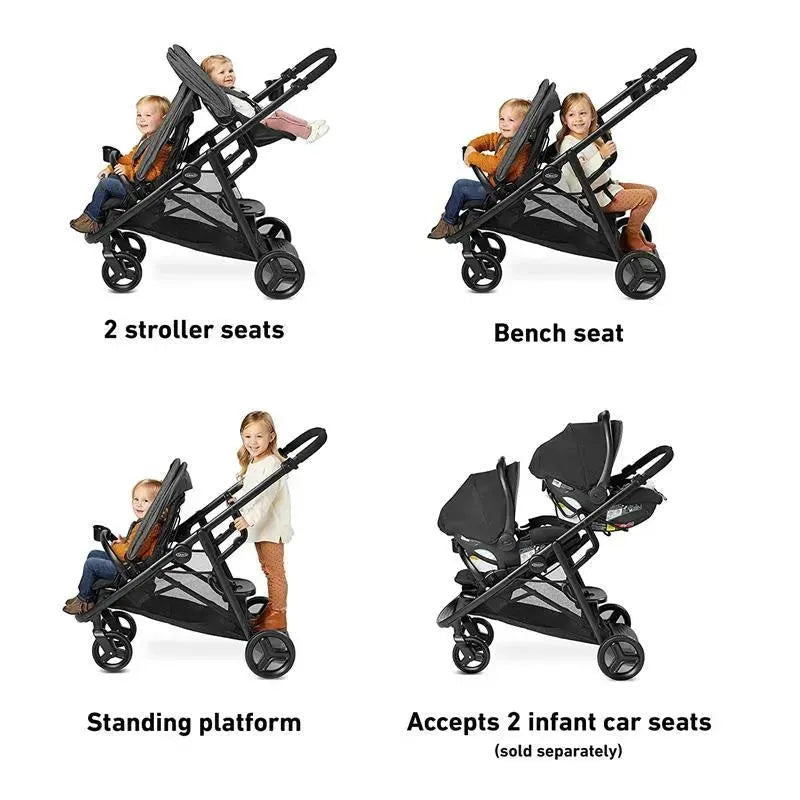 Graco Ready2grow Lx 2.0 Double Stroller in Clark configuration, showcasing seating options for two children and compatibility with infant car seats.