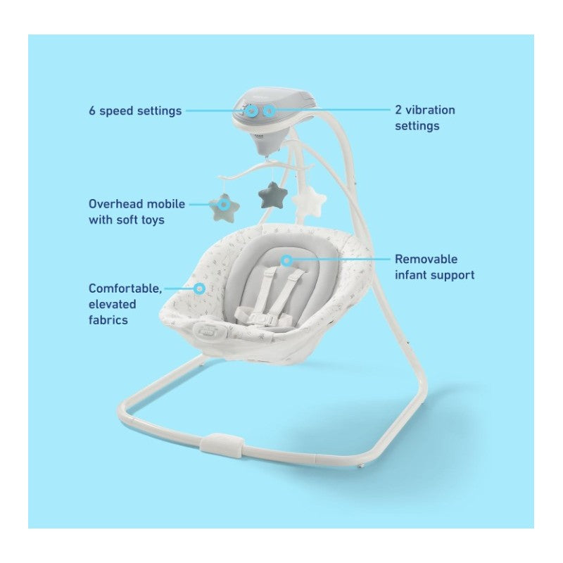 Graco Simple Sway Portable Baby Swing featuring six speed settings, two vibration settings, an overhead mobile, and removable infant support.