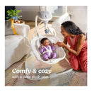 Graco Simple Sway Portable Baby Swing with a smiling infant in a plush seat, while a caregiver interacts joyfully.