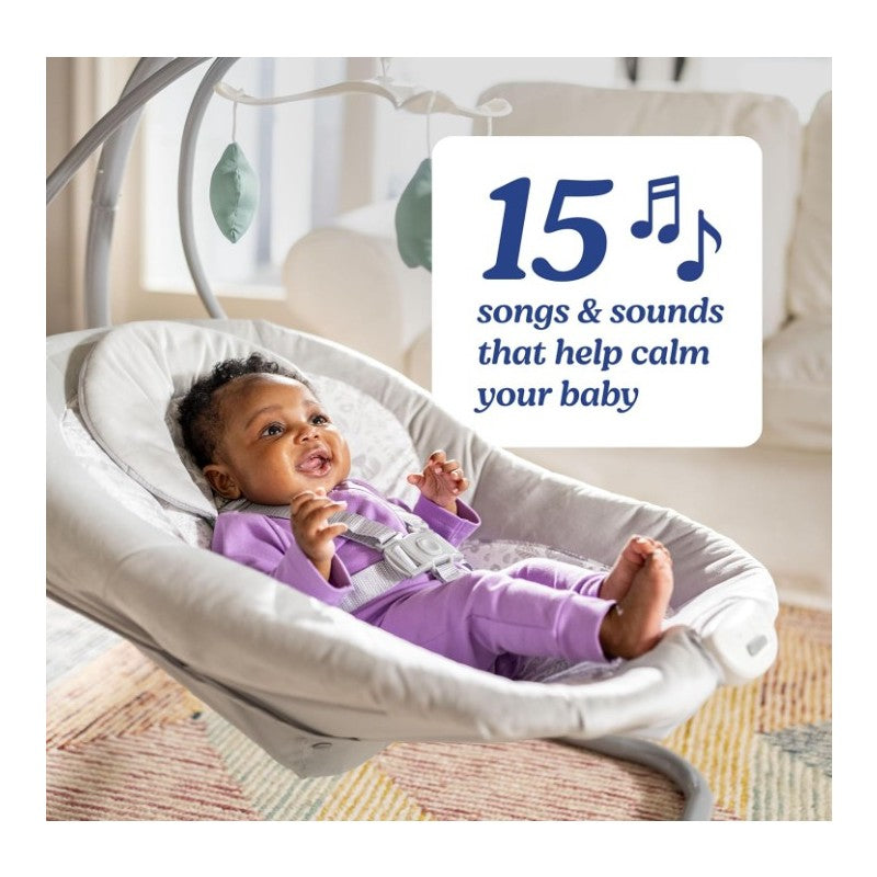 Graco Simple Sway Portable Baby Swing with a smiling infant, featuring 15 calming songs and sounds.