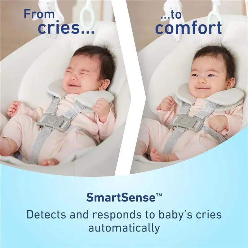 Graco SmartSense Swing features an infant transitioning from crying to smiling, highlighting cry detection technology.