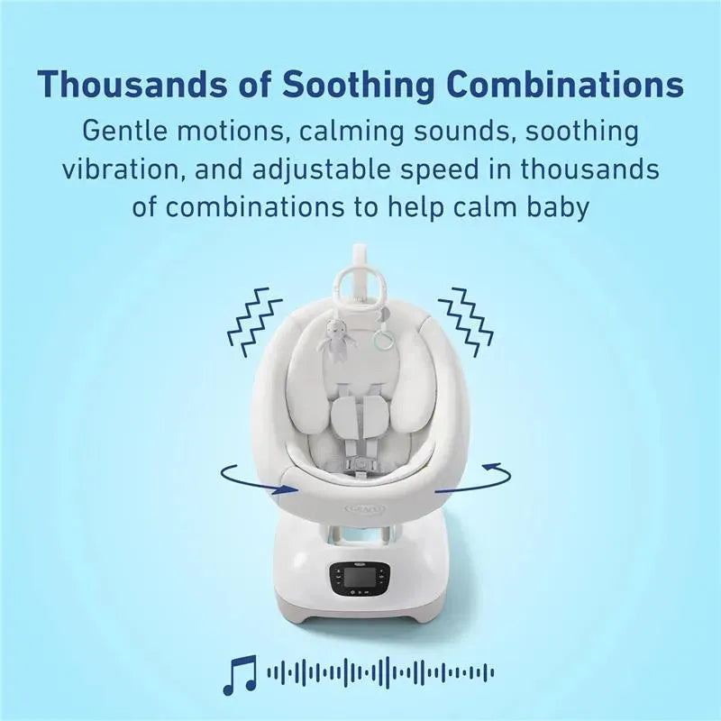 Smartsense swing featuring gentle motions, calming sounds, and adjustable speed for soothing babies, with a white design.