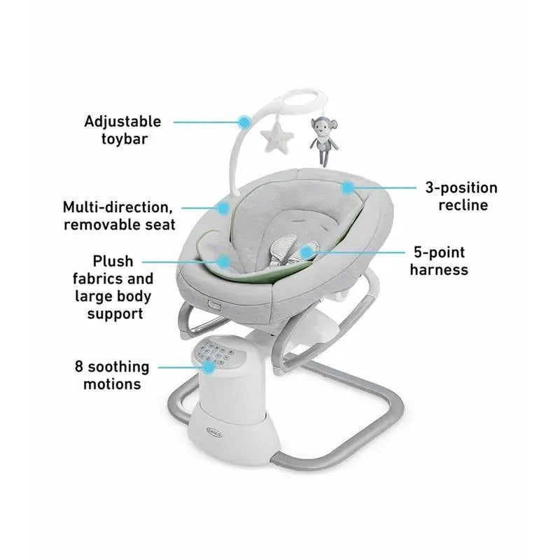 Graco Soothe My Way Baby Swing with removable rocker, featuring an adjustable toy bar, plush seat, 8 soothing motions, and a 5-point harness.