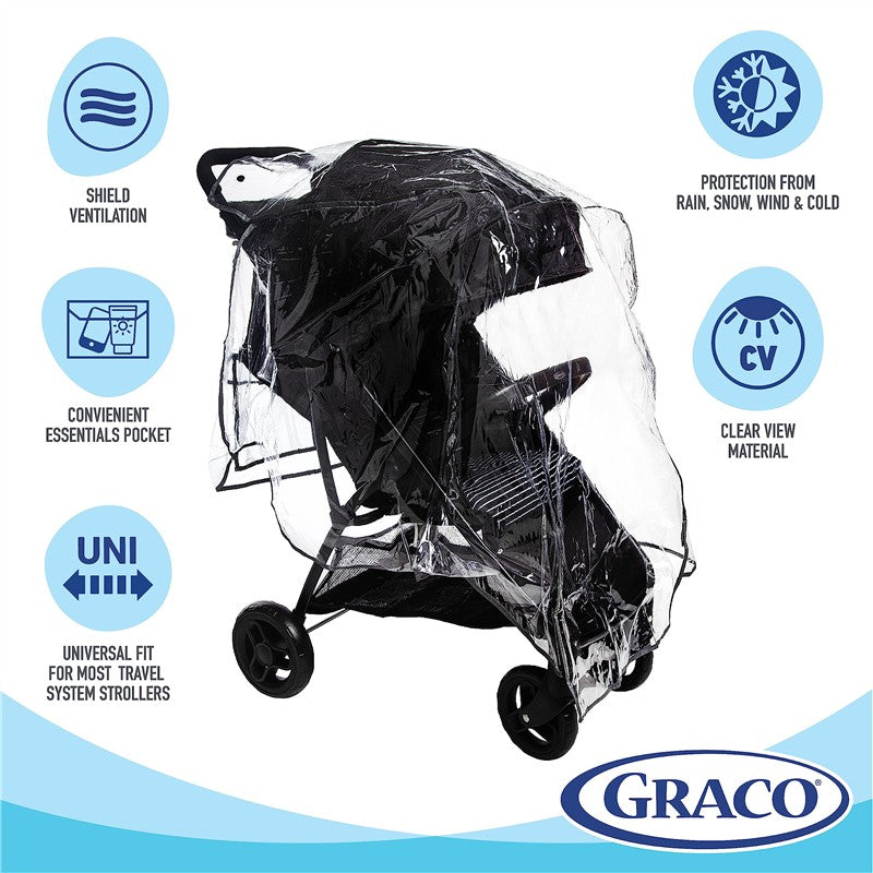 Graco Travel System Weather Shield, a clear cover for strollers, protects against rain, wind, and cold, featuring ventilation and an essentials pocket.