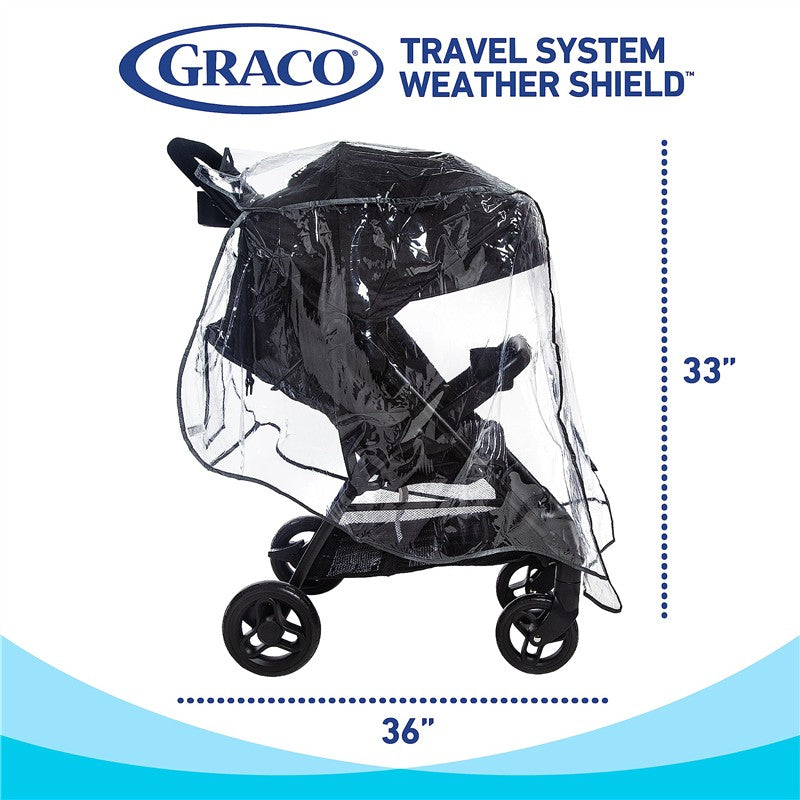 Graco Travel System Weather Shield, clear cover for stroller with dimensions 33” height and 36” width, protecting against weather.