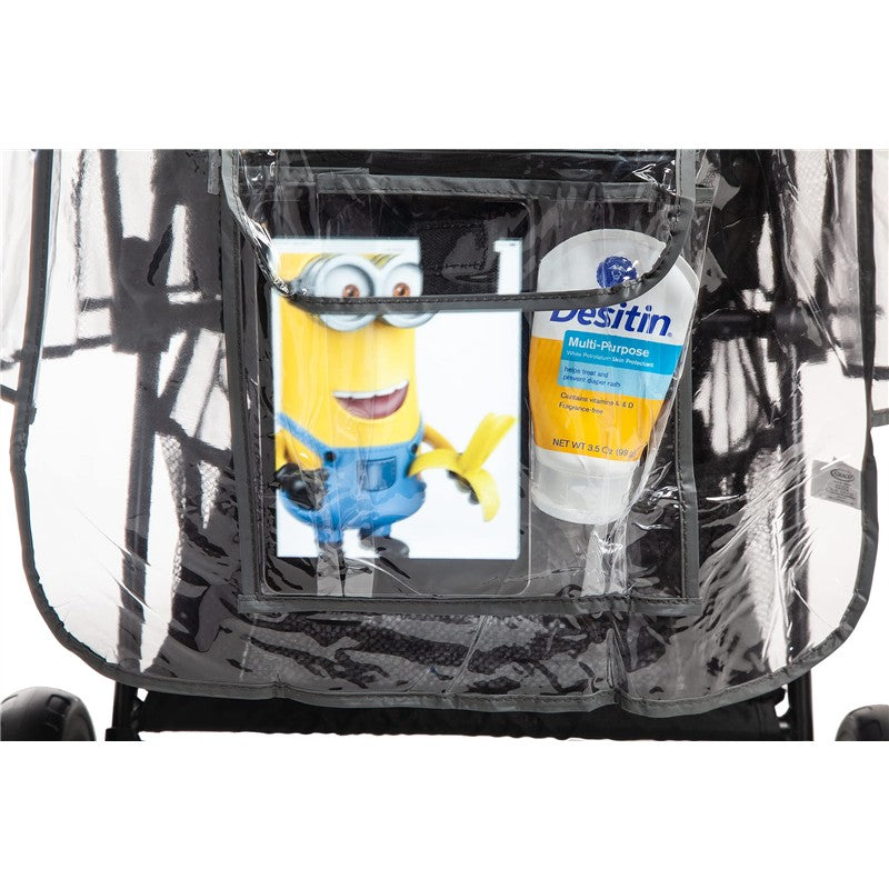 Weather shield for Graco travel system displaying a Minion character and a tube of Desitin Multi-Purpose cream.