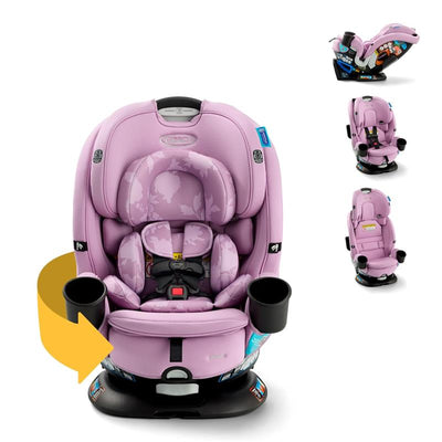 Graco Turn2Me 3-in-1 Rotating Convertible Car Seat in Lilac Mod, featuring a pink design with floral patterns and cup holders.
