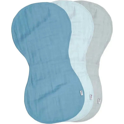 Set of three organic cotton muslin burp cloths in blueberry and light colors, designed for baby use.