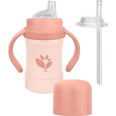 Green Sprouts 6 oz Sprout Ware Sip & Straw in grapefruit color, featuring a two-handled cup with a straw and lid.