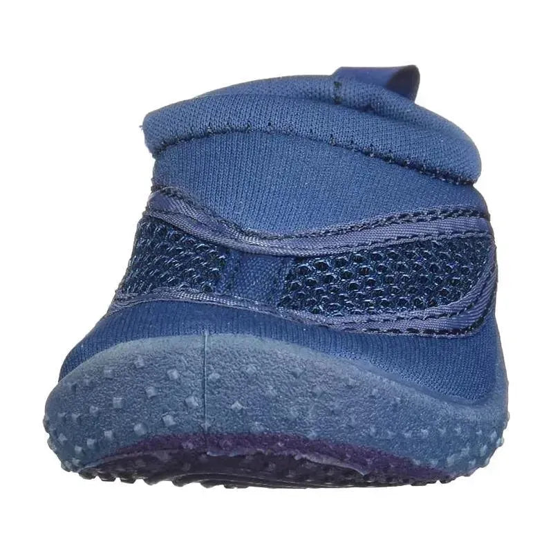 Navy blue baby boy water shoe featuring a stretchy, mesh upper and a textured rubber sole for grip.