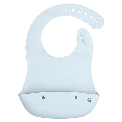 Light blueberry silicone baby scoop bib with a front pocket, featuring a plant logo and multiple snap closure options.