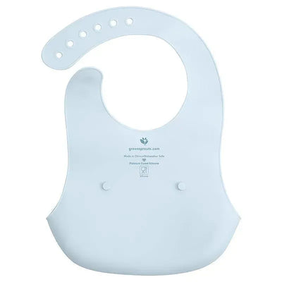 Silicone scoop bib by Green Sprouts in light blueberry, featuring a round neck and button closures, dishwasher safe.