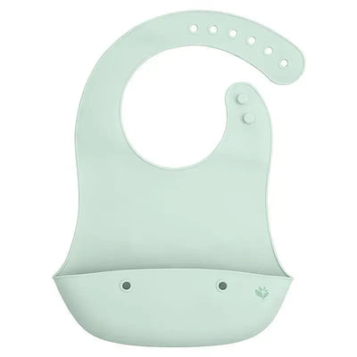 Light sage silicone scoop bib designed for babies, featuring a wide pocket to catch food and adjustable neck fasteners.