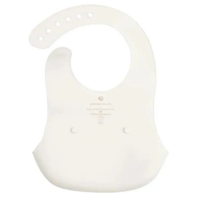Silicone scoop bib in light spice color with a curved neck and snap buttons for adjustable fit.