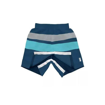 Navy swim trunks featuring a striped design in light blue and gray, designed for easy changing.