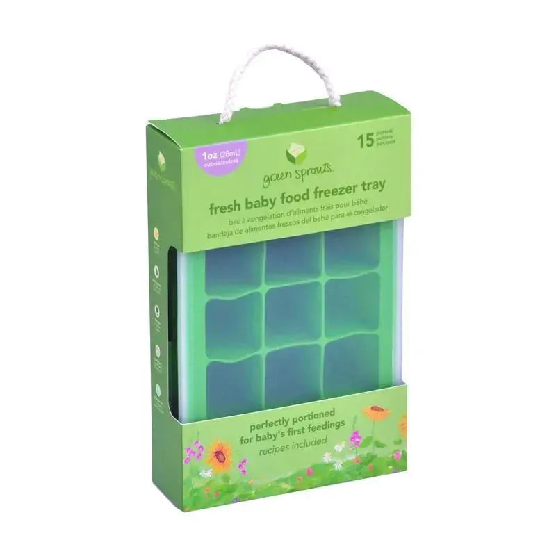 Pink Green Sprouts Fresh Baby Food Freezer Tray packaging featuring a 15-cube design for portioning baby food.