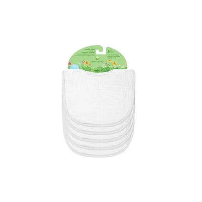 White organic cotton muslin bibs in a pack of five, suitable for infants aged 0-12 months, with a colorful packaging header.