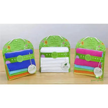 Organic cotton muslin face cloths in a pack of five, featuring colors like blue, white, pink, and orange.