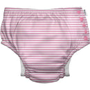 Light pink pinstripe reusable swim diaper with snap buttons for adjustable fit, designed for eco-friendly use.